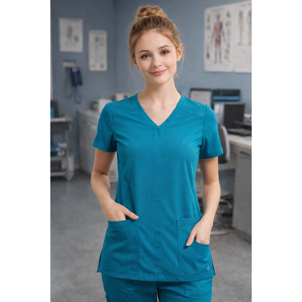 Med Couture Touch Teal Scrub Top‎ Women's Small V-Neck 2 Pocket MC2443
